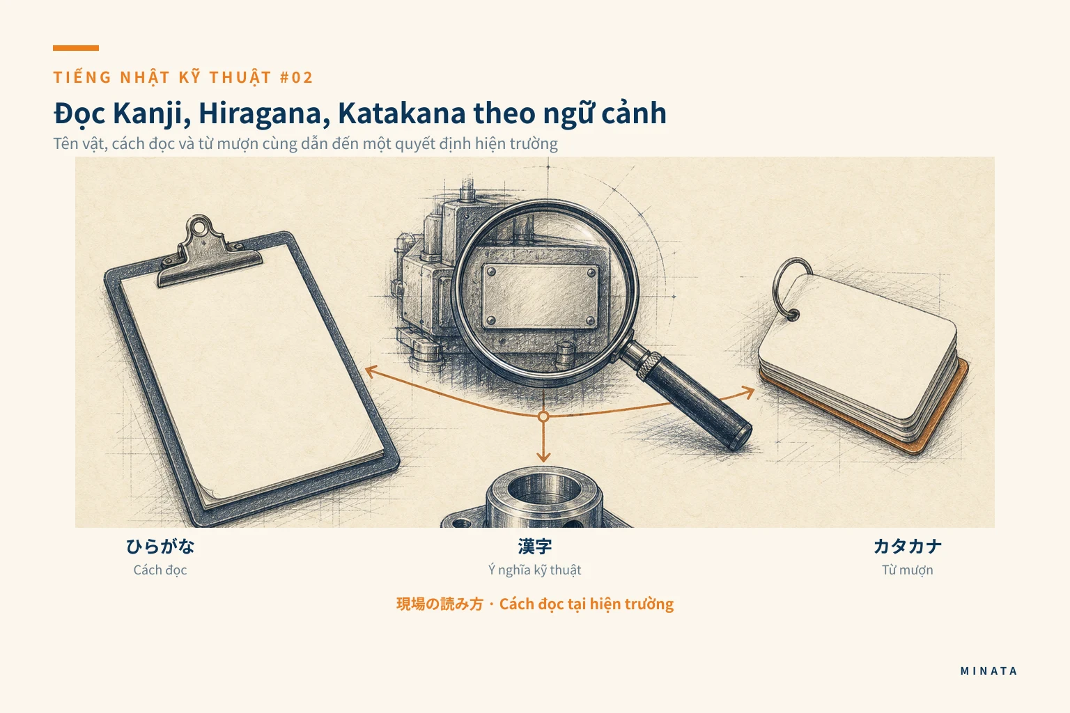 Sơ đồ vai trò của Hiragana, Katakana và Kanji trong nhà máy Nhật