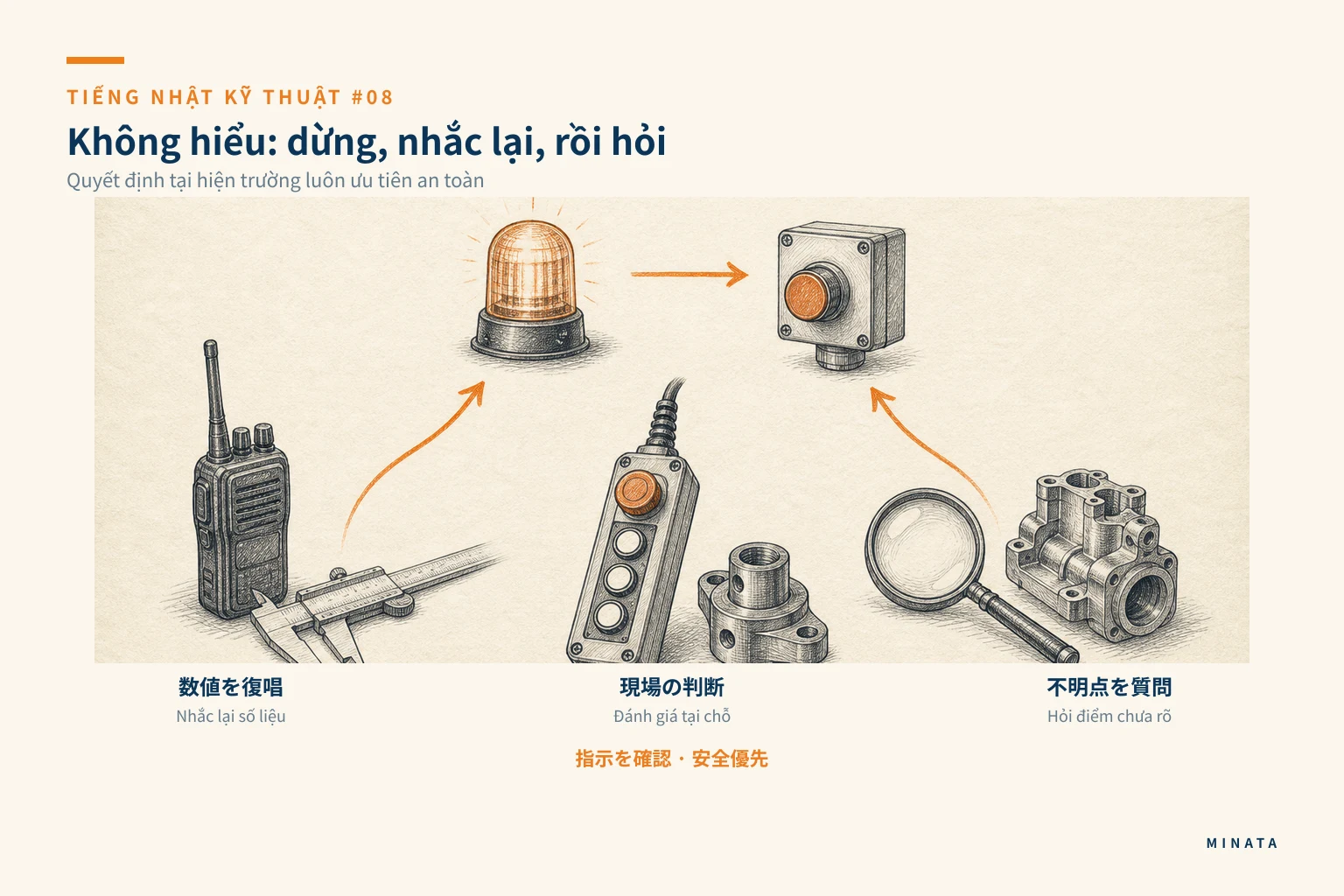 Minh hoạ quy trình hỏi lại an toàn tại hiện trường: nhắc lại số liệu, đánh giá tại chỗ và hỏi điểm chưa rõ.