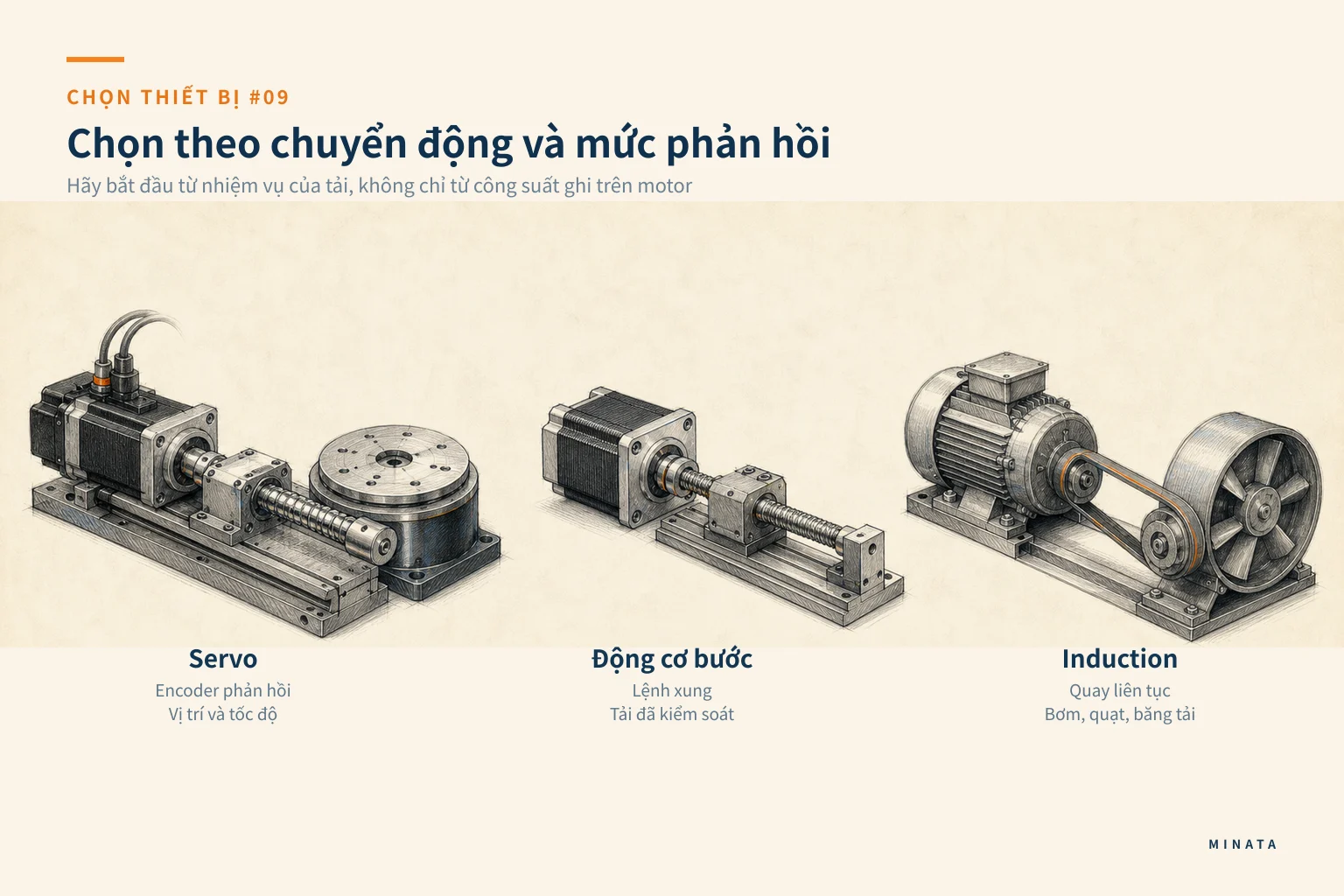 Minh hoạ chọn servo, động cơ bước và induction theo nhiệm vụ trục.