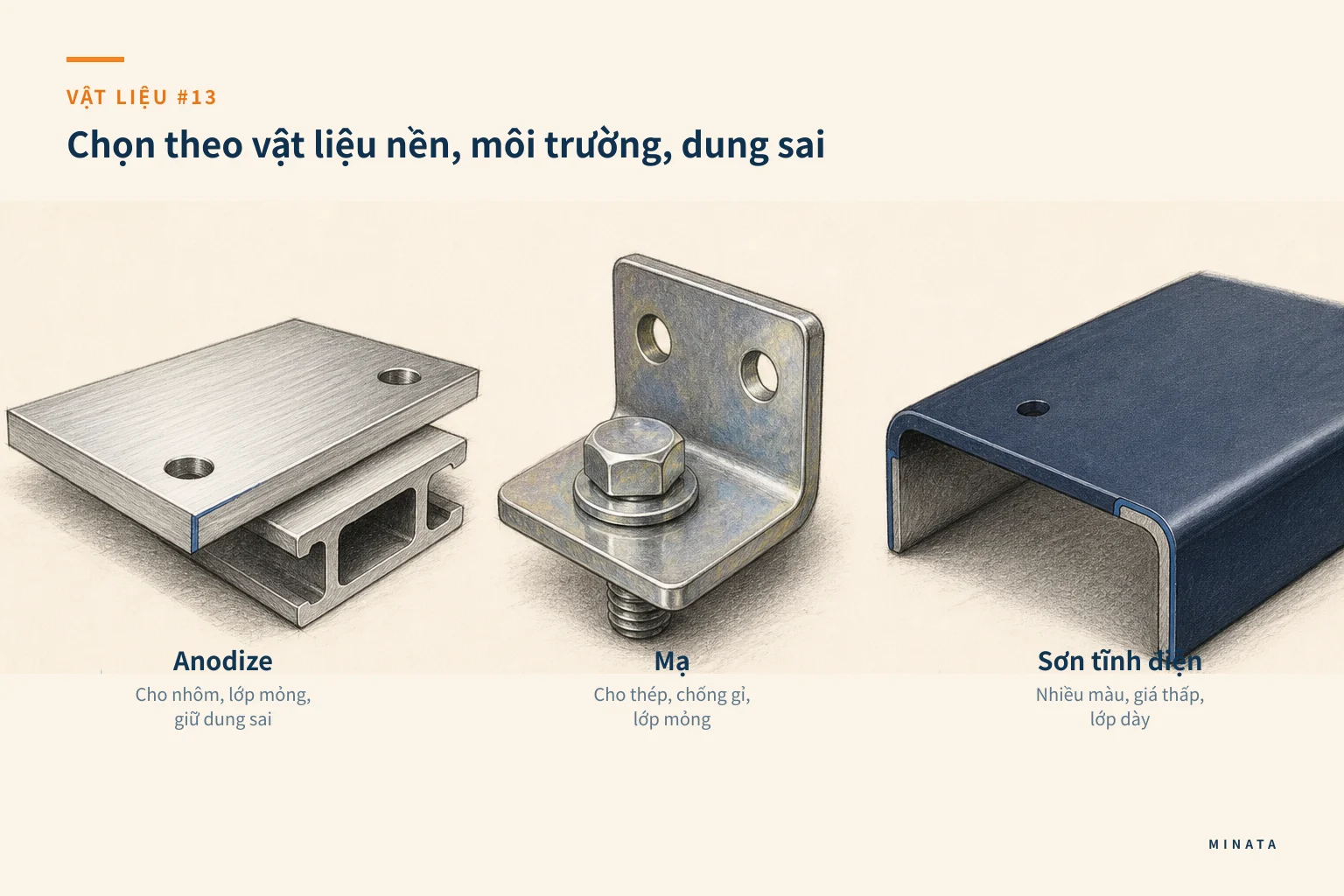 Minh hoạ chọn anodize hoặc mạ/sơn tĩnh điện theo vật liệu, môi trường và yêu cầu bề mặt.