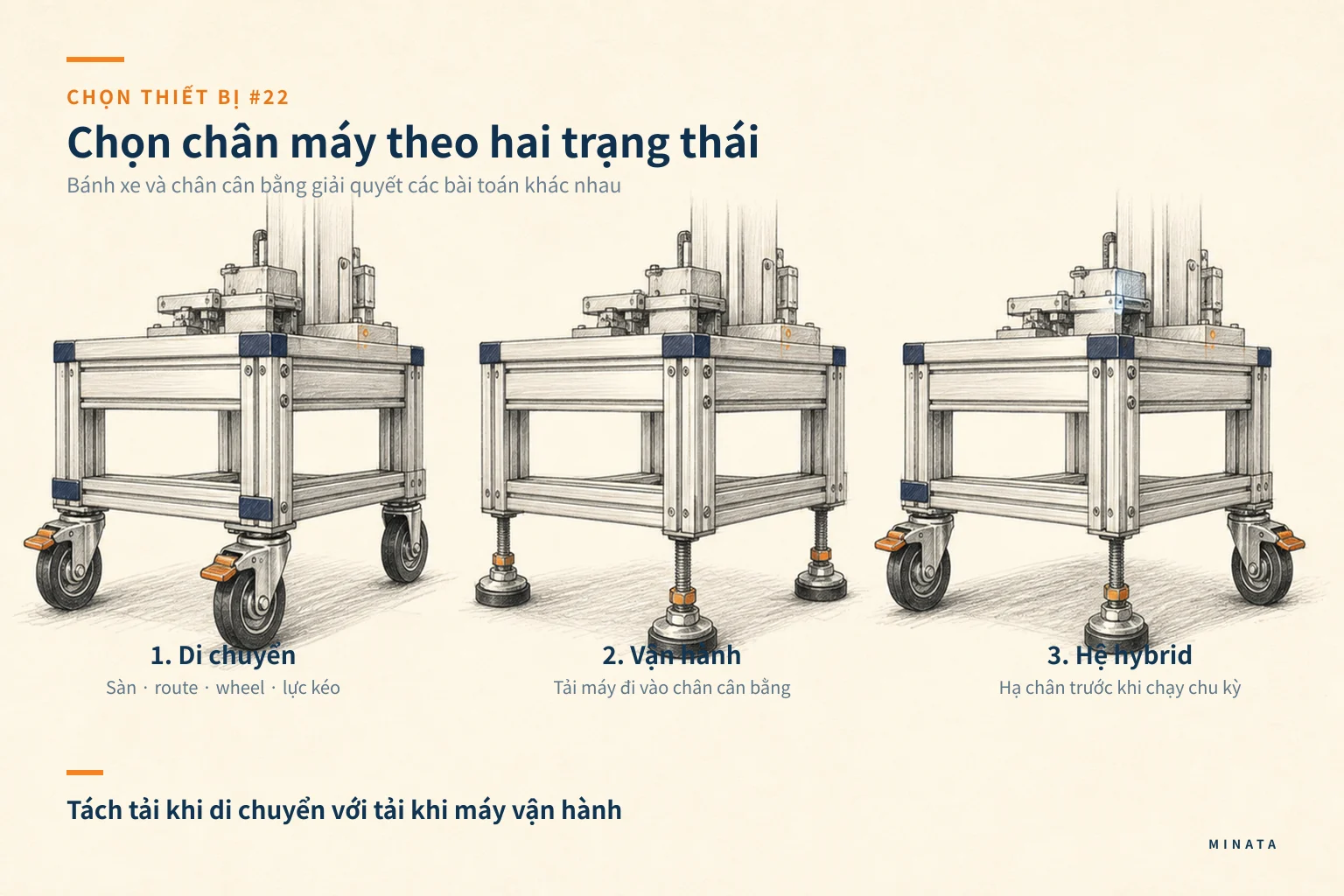 Minh hoạ chọn bánh xe caster và chân cân bằng theo nhu cầu di chuyển, tải trọng và độ ổn định.