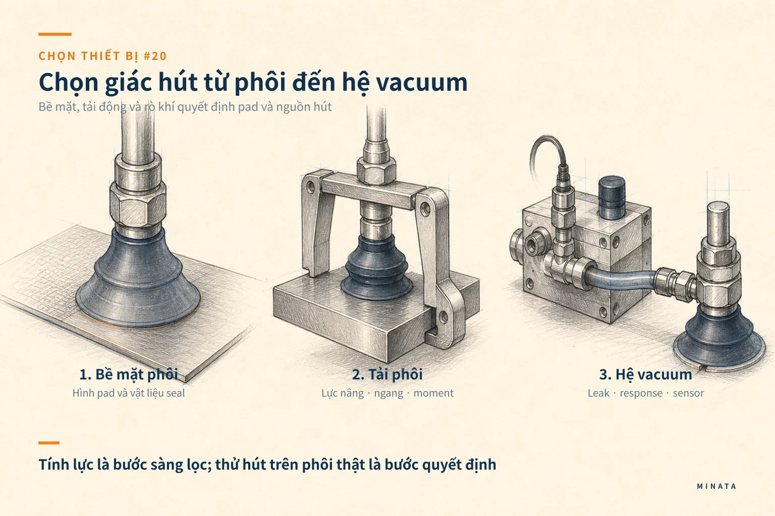 Minh hoạ chọn giác hút chân không theo bề mặt, khối lượng và điều kiện thao tác.