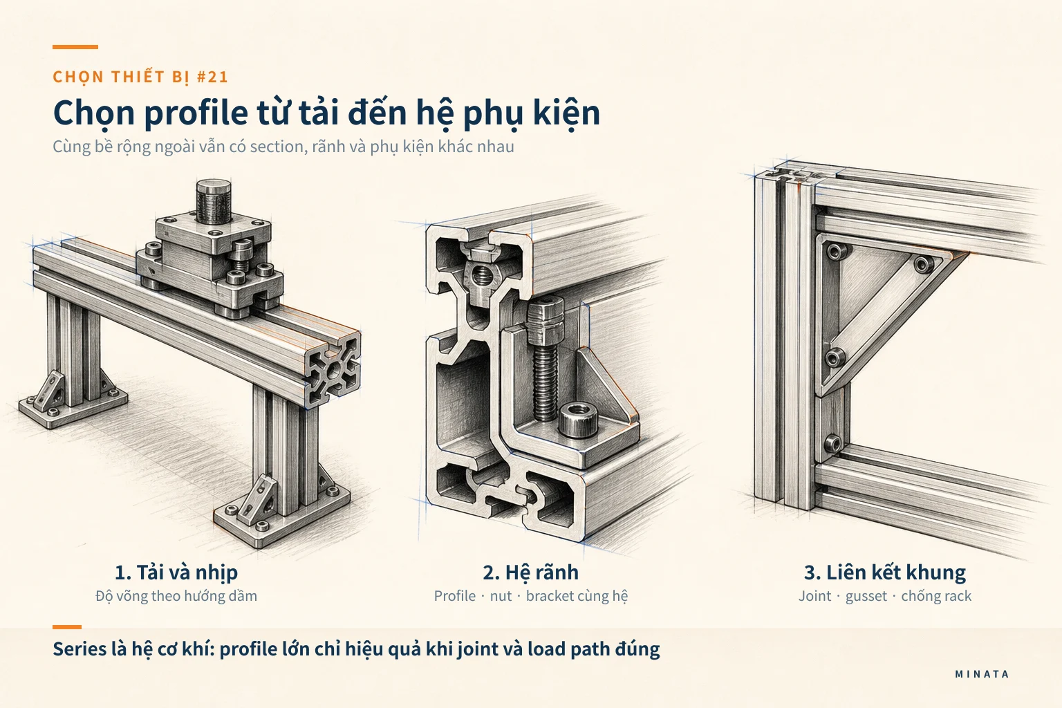 Minh hoạ chọn nhôm định hình series 20, 30, 40 và 50 theo kích thước khung và tải.