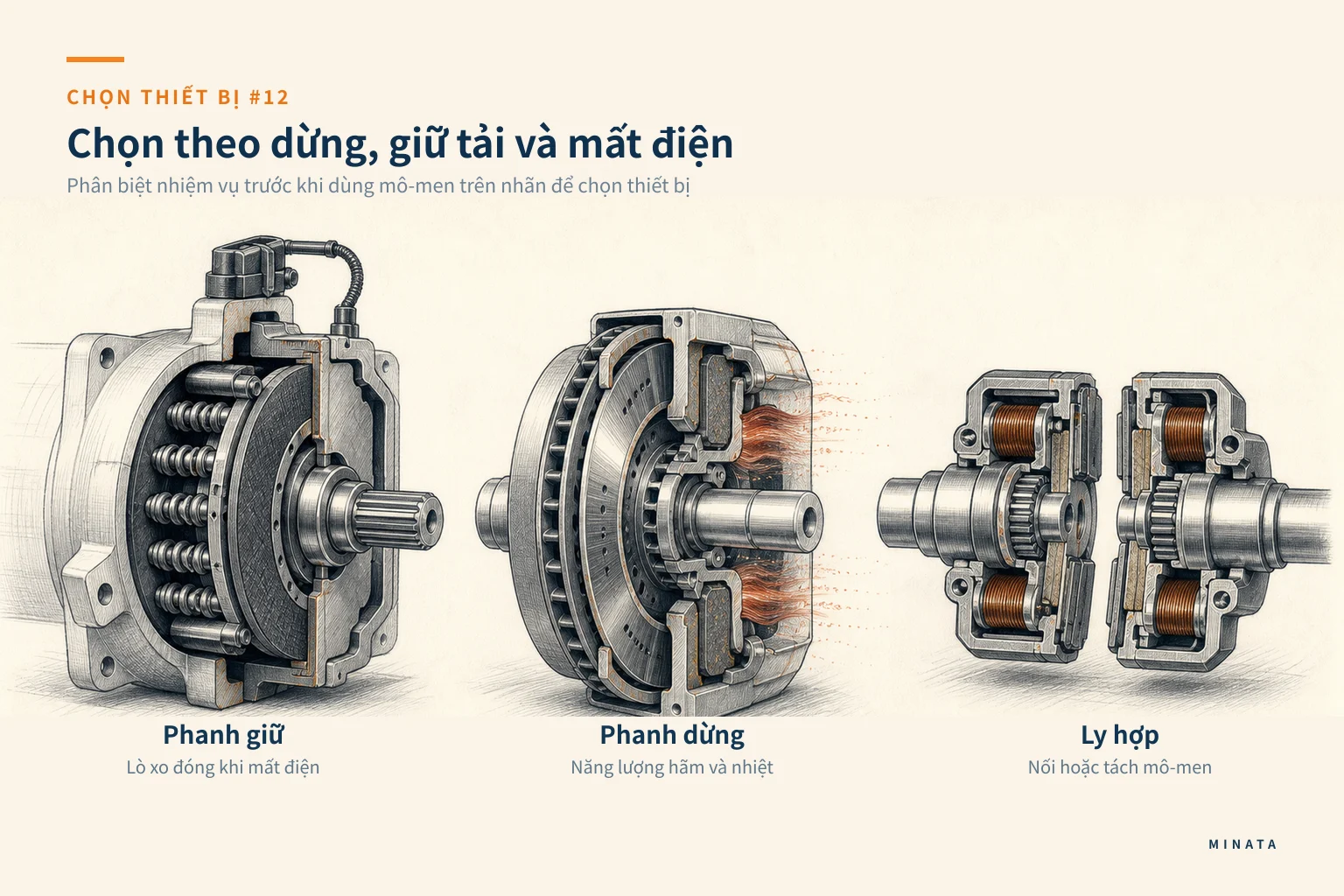 Minh hoạ chọn phanh và ly hợp để giữ tải, dừng trục hoặc vận hành khi mất điện.