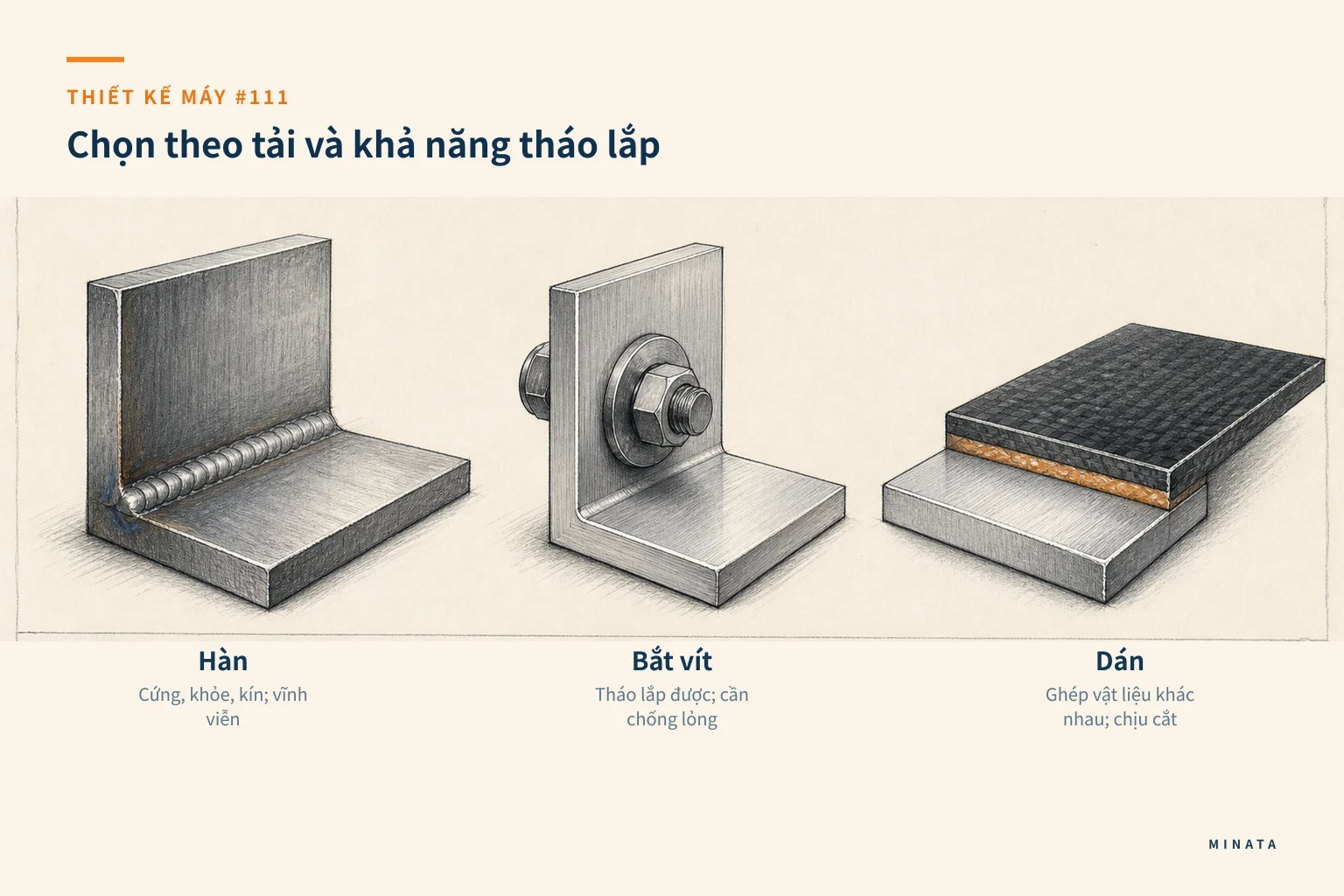 Minh hoạ chọn mối ghép hàn, bu lông và vít dán theo tải, khả năng tháo lắp và quy trình chế tạo.