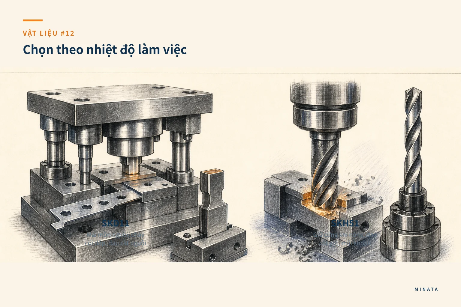 Minh hoạ chọn thép SKD11 và SKH51 theo độ cứng, khả năng chịu mài mòn và điều kiện gia công.