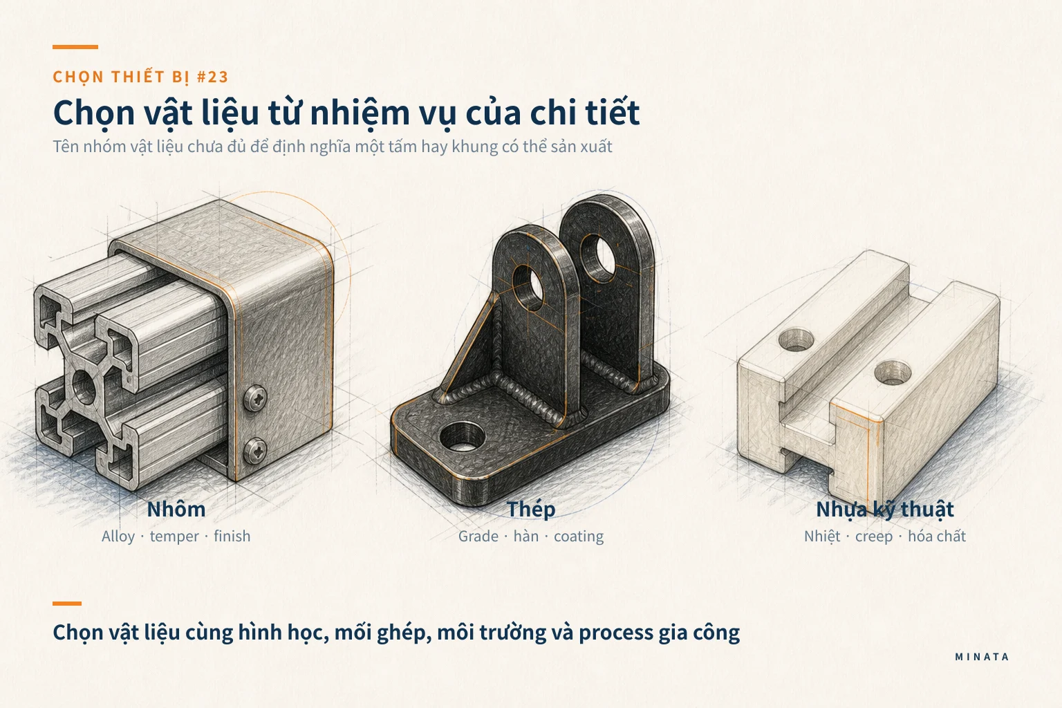Minh hoạ chọn vật liệu làm tấm và khung: nhôm, thép hay nhựa theo tải và môi trường sử dụng.