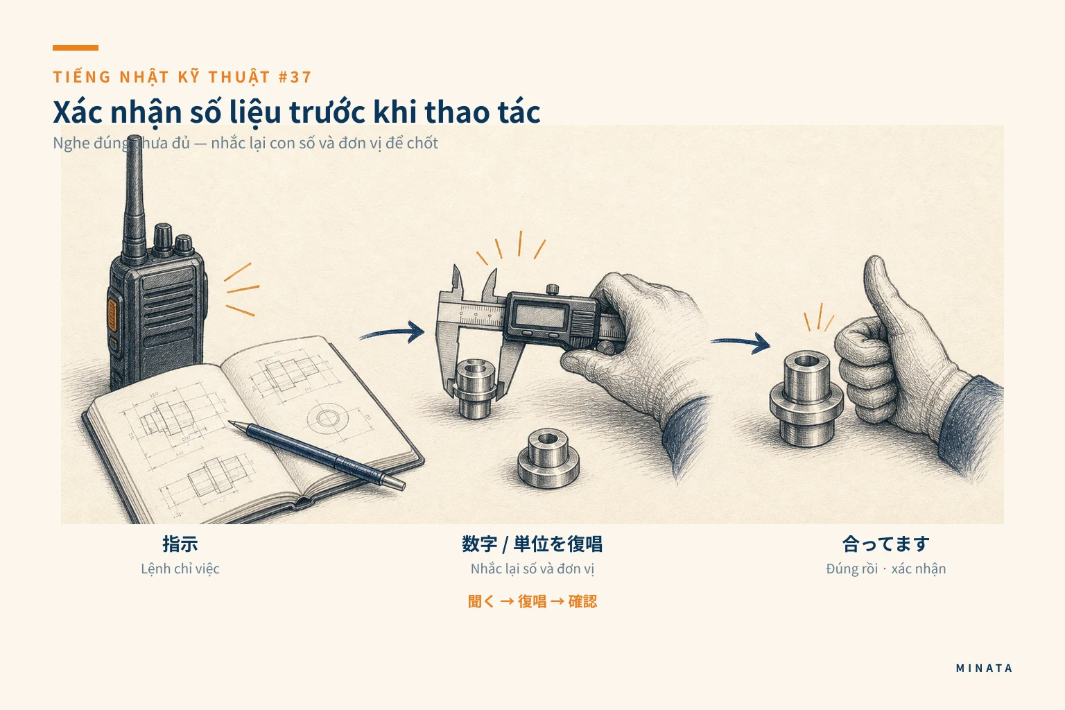 Minh hoạ hội thoại chỉ việc và xác nhận số liệu rõ ràng tại hiện trường.