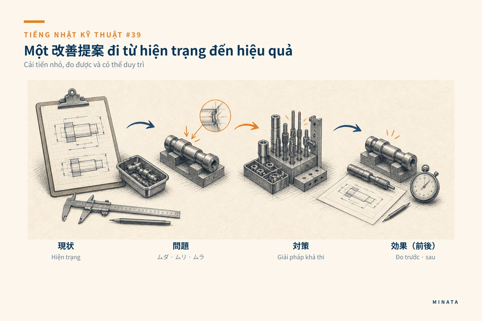 Minh hoạ quy trình Kaizen: nhận diện lãng phí, đề xuất cải tiến và xác nhận kết quả.