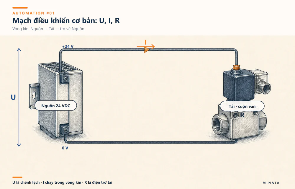 U là chênh lệch giữa +24V và 0V; I là dòng chạy trong vòng kín; R là điện trở của tải.