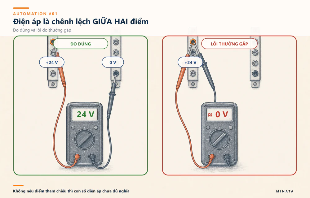 Đặt hai que lên cùng một dây +24V → không có chênh lệch → đọc ≈ 0 V.
