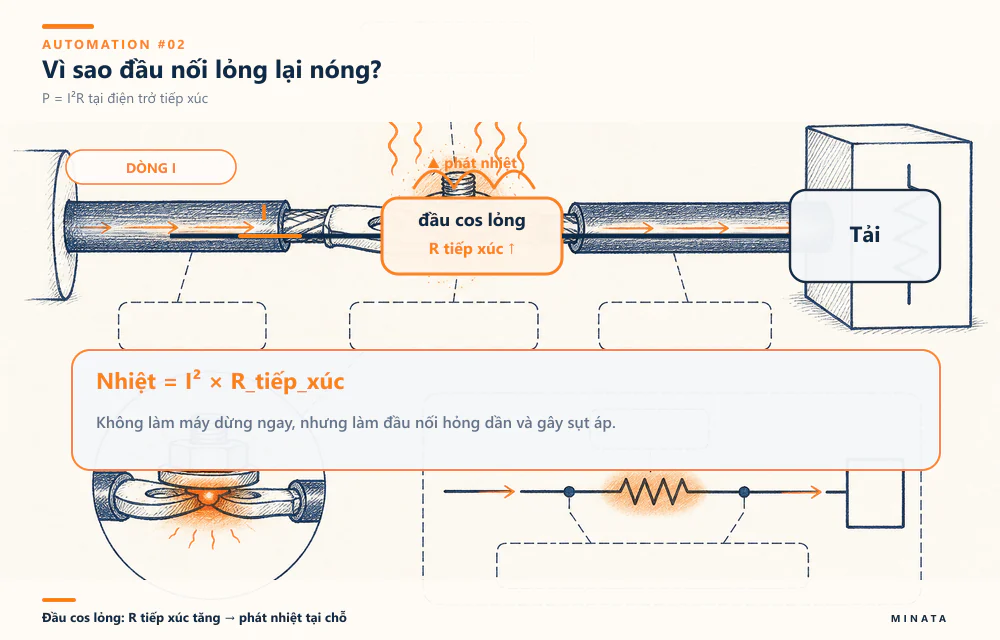 Đầu cos lỏng làm tăng điện trở tiếp xúc; cùng dòng điện khiến điểm nối phát nhiệt theo I²R.