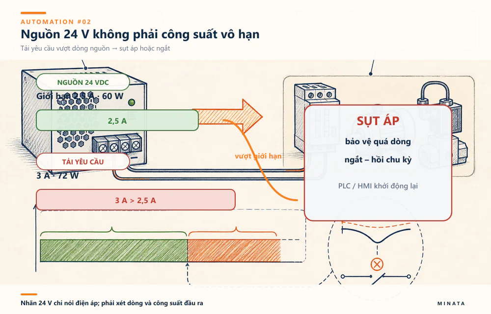 Nguồn 24 VDC 2,5 A không đủ cho tải yêu cầu 3 A: hệ thống có thể sụt áp hoặc ngắt–hồi chu kỳ.