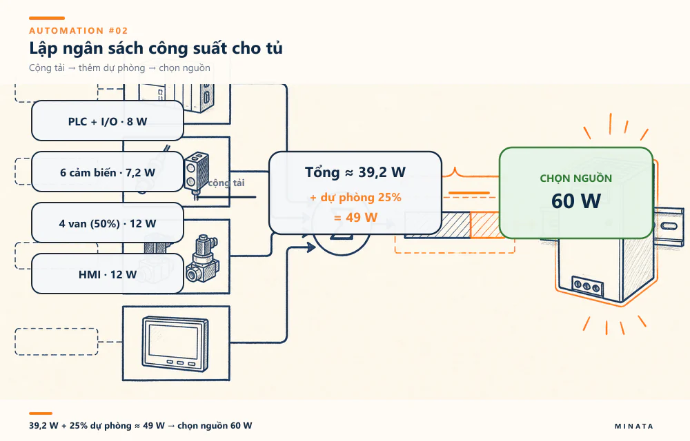 Cộng tải 39,2 W, thêm dự phòng 25% thành 49 W, rồi chọn nguồn 60 W.
