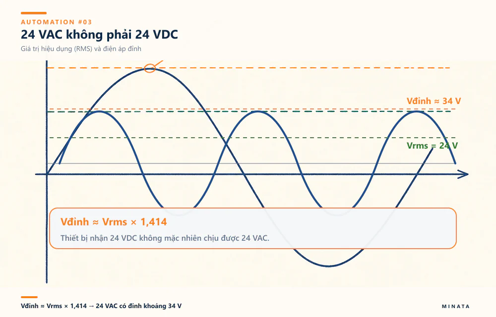 24 VAC là giá trị RMS; điện áp đỉnh khoảng 34 V theo Vđỉnh ≈ Vrms × 1,414.