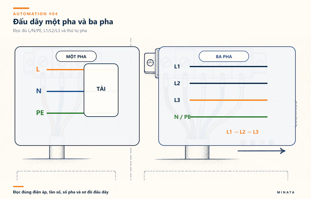 Đấu một pha dùng L/N/PE; đấu ba pha cần L1/L2/L3, N/PE tùy hệ và đúng thứ tự pha.