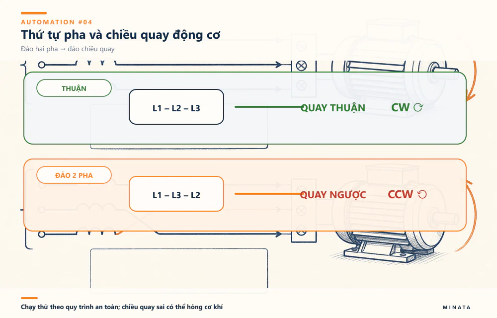 L1–L2–L3 cho chiều quay thuận; đảo hai pha làm động cơ quay ngược.