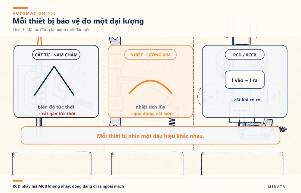 Cắt từ đo biên độ dòng tức thời; nhiệt lưỡng kim đo nhiệt tích lũy; RCD đo chênh lệch dòng vào–ra.