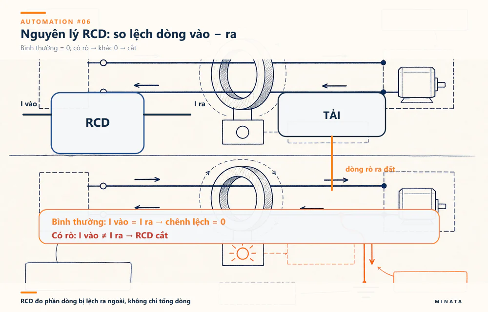 RCD so I vào với I ra: bình thường chênh lệch bằng 0, có rò thì khác 0 và RCD cắt.