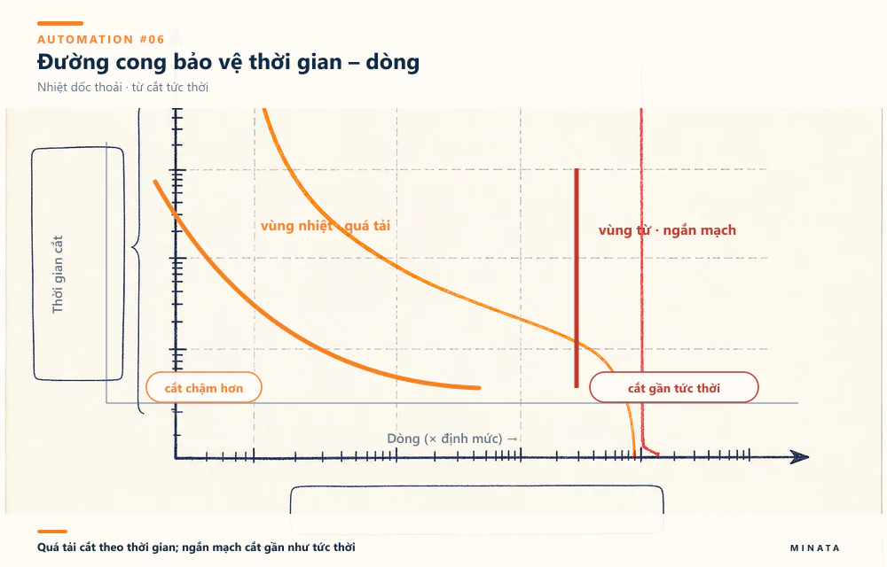 Đường cong nhiệt dốc thoải cho quá tải; vùng từ gần thẳng đứng cắt tức thời khi ngắn mạch.