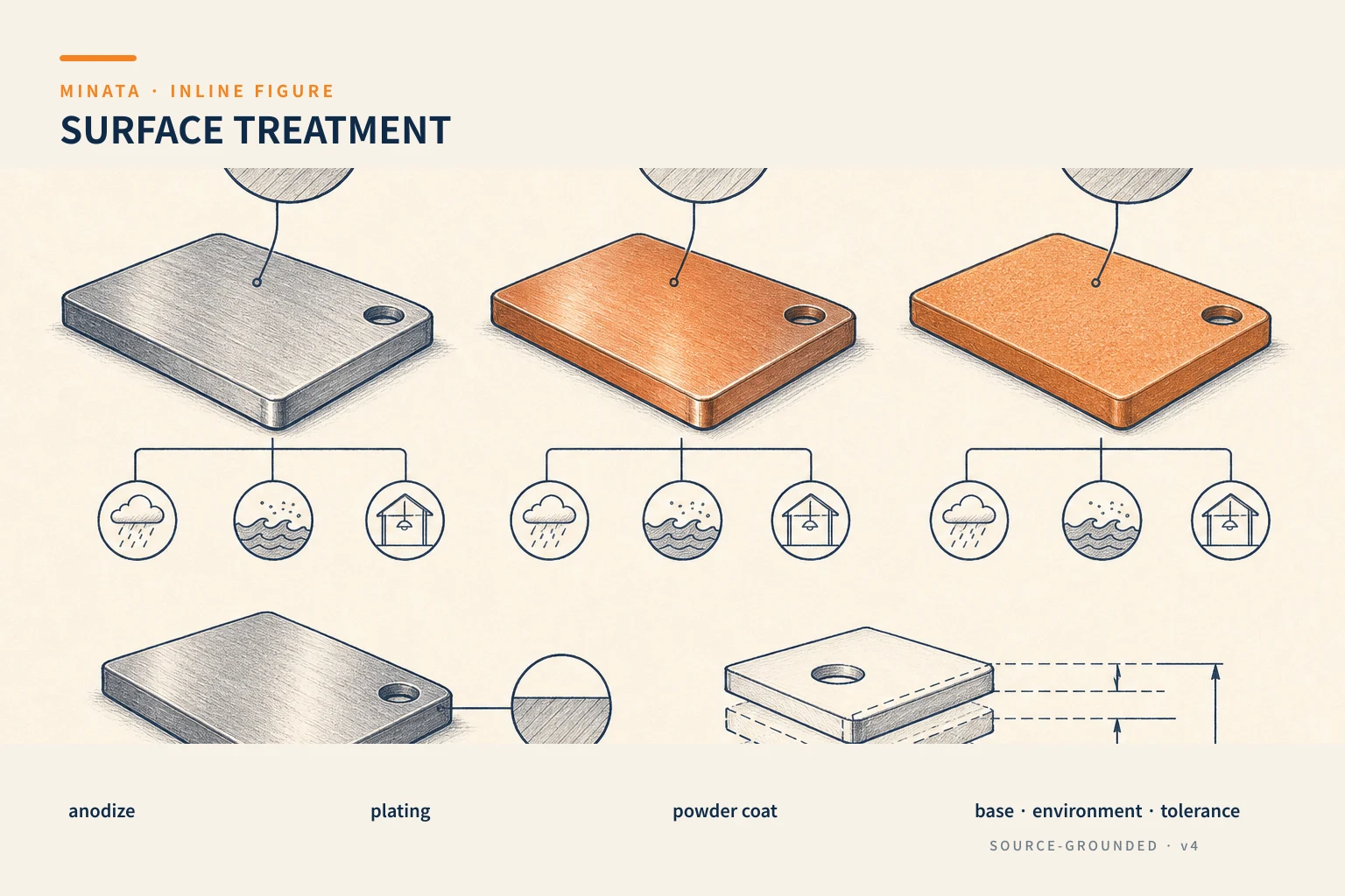 Diagram for choosing a surface treatment by base material, environment and tolerance
