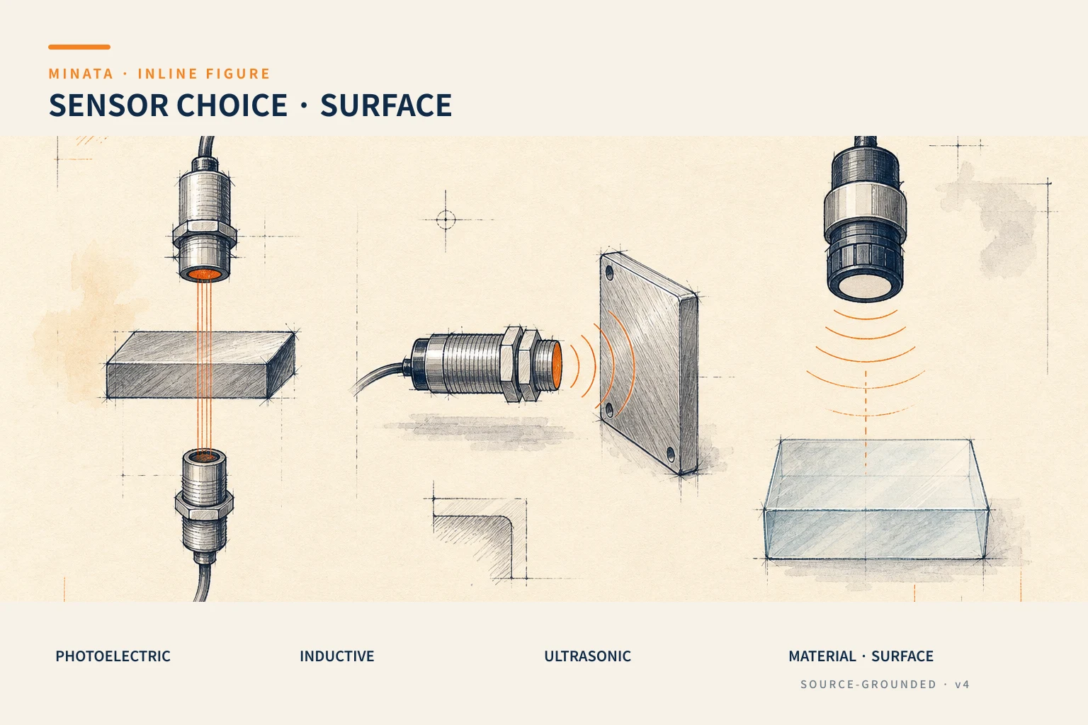Diagram for choosing a sensor by workpiece material and surface