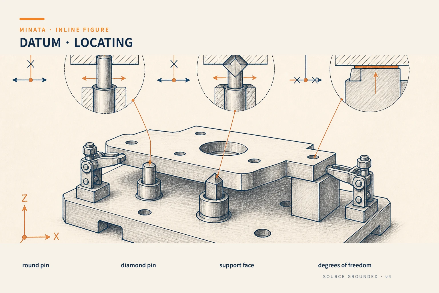 Diagram for choosing a datum by round pin, diamond pin and support face