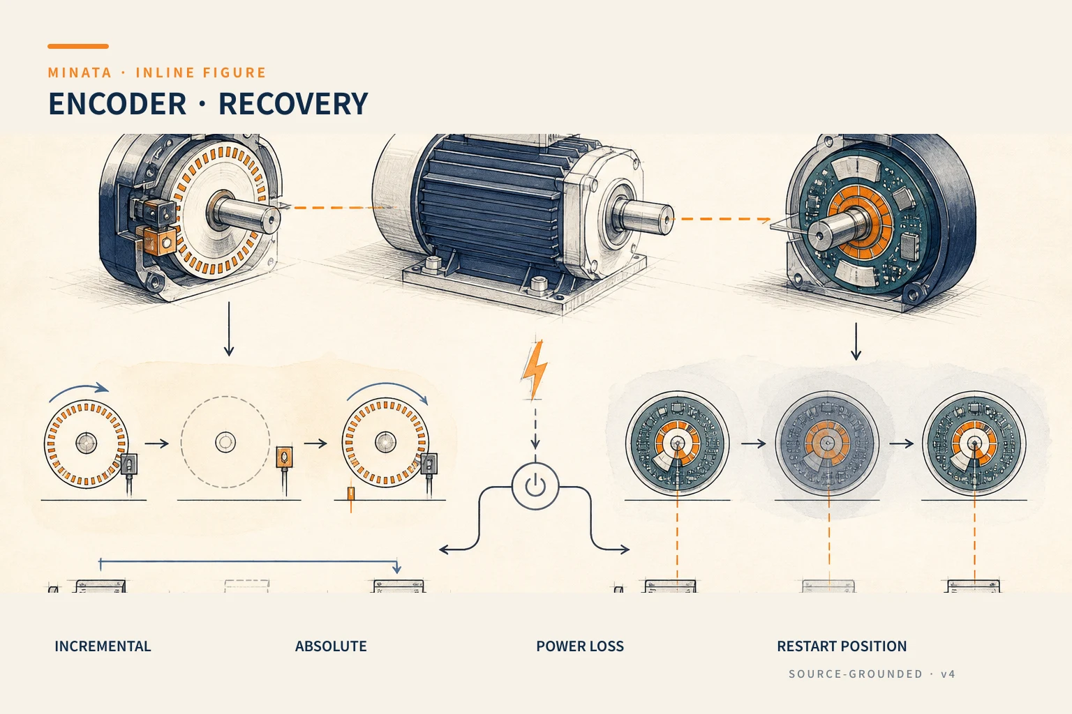 Sơ đồ so sánh phục hồi vị trí sau mất điện của encoder tương đối và tuyệt đối