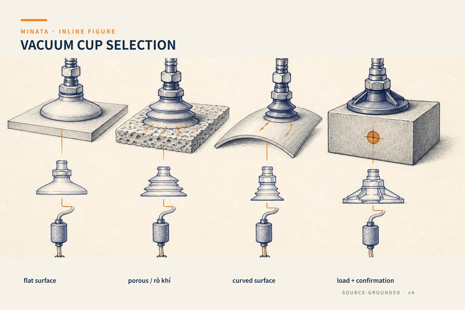 Diagram for choosing a vacuum cup by surface, lifting force, air leak and suction confirmation