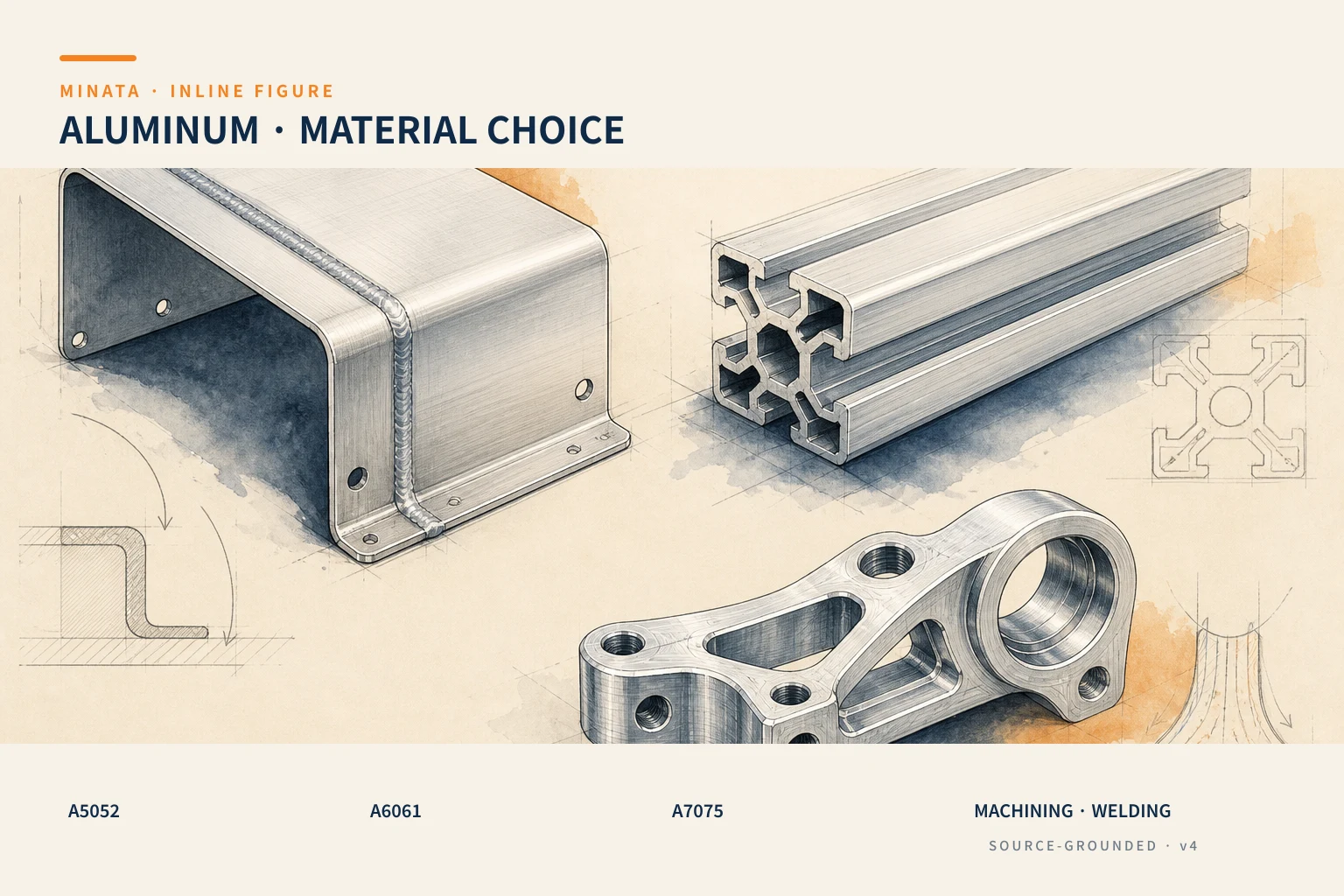 Diagram for choosing an aluminum grade A5052/A6061/A7075 by machining, welding and strength