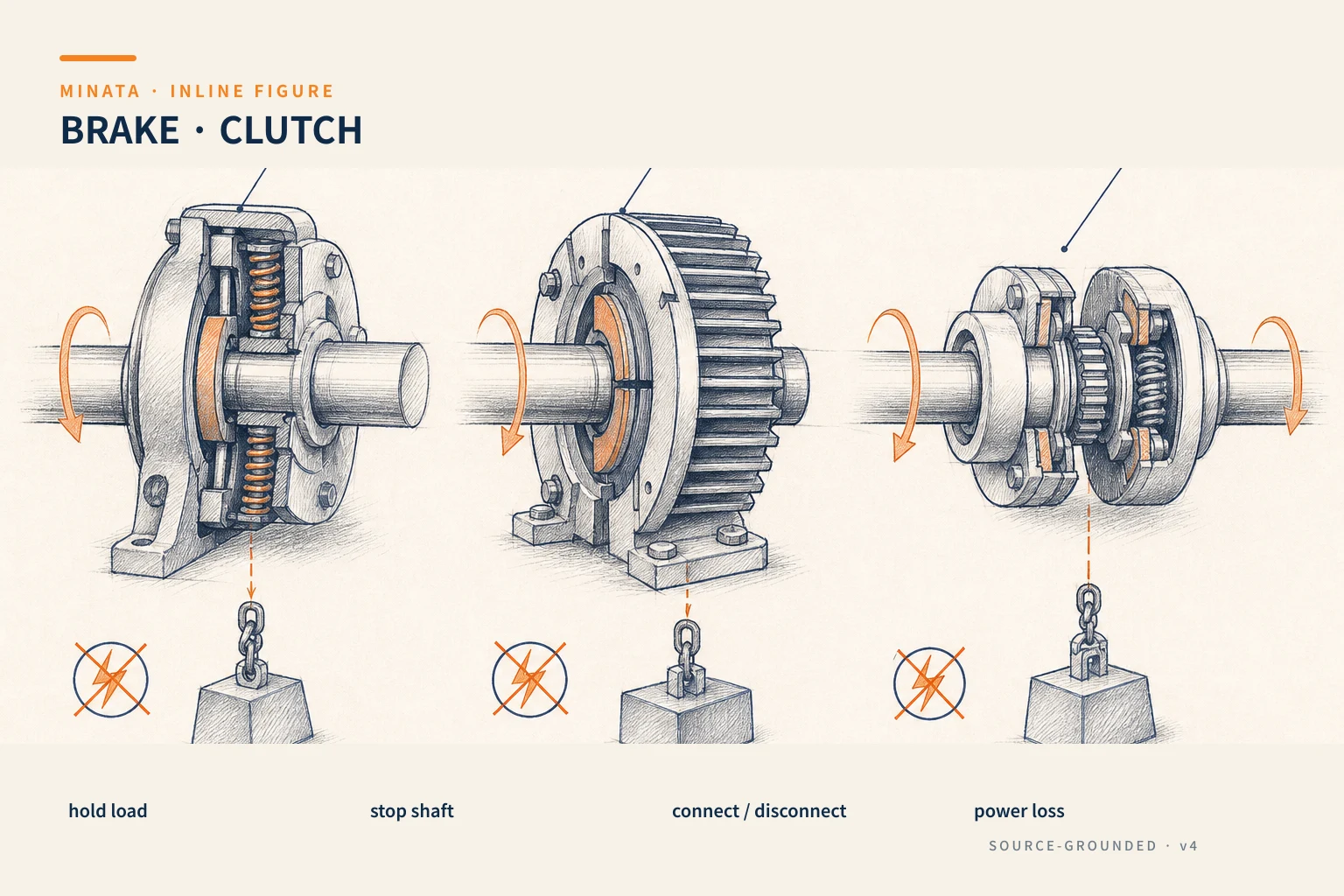 Diagram distinguishing holding, stopping brakes and clutches by the power-loss state
