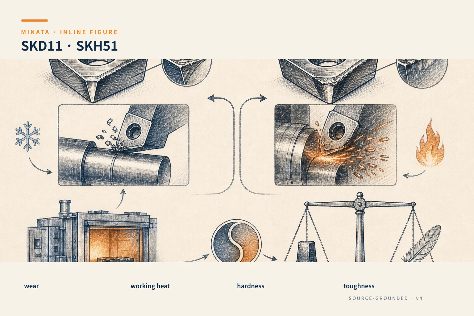 Diagram for choosing tool steel SKD11 or SKH51 by working temperature