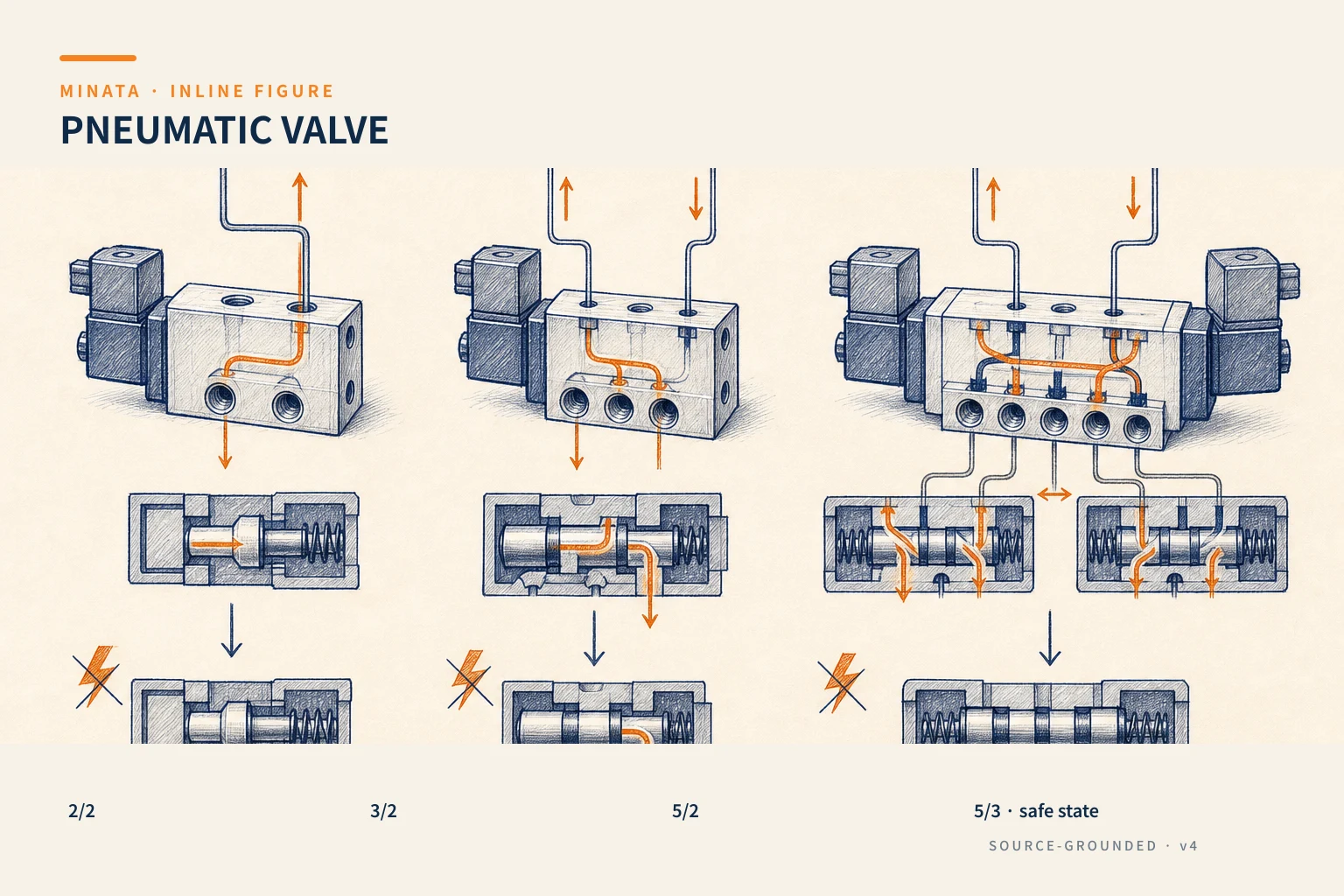 Diagram for choosing a solenoid valve by ports, positions and the power-loss state