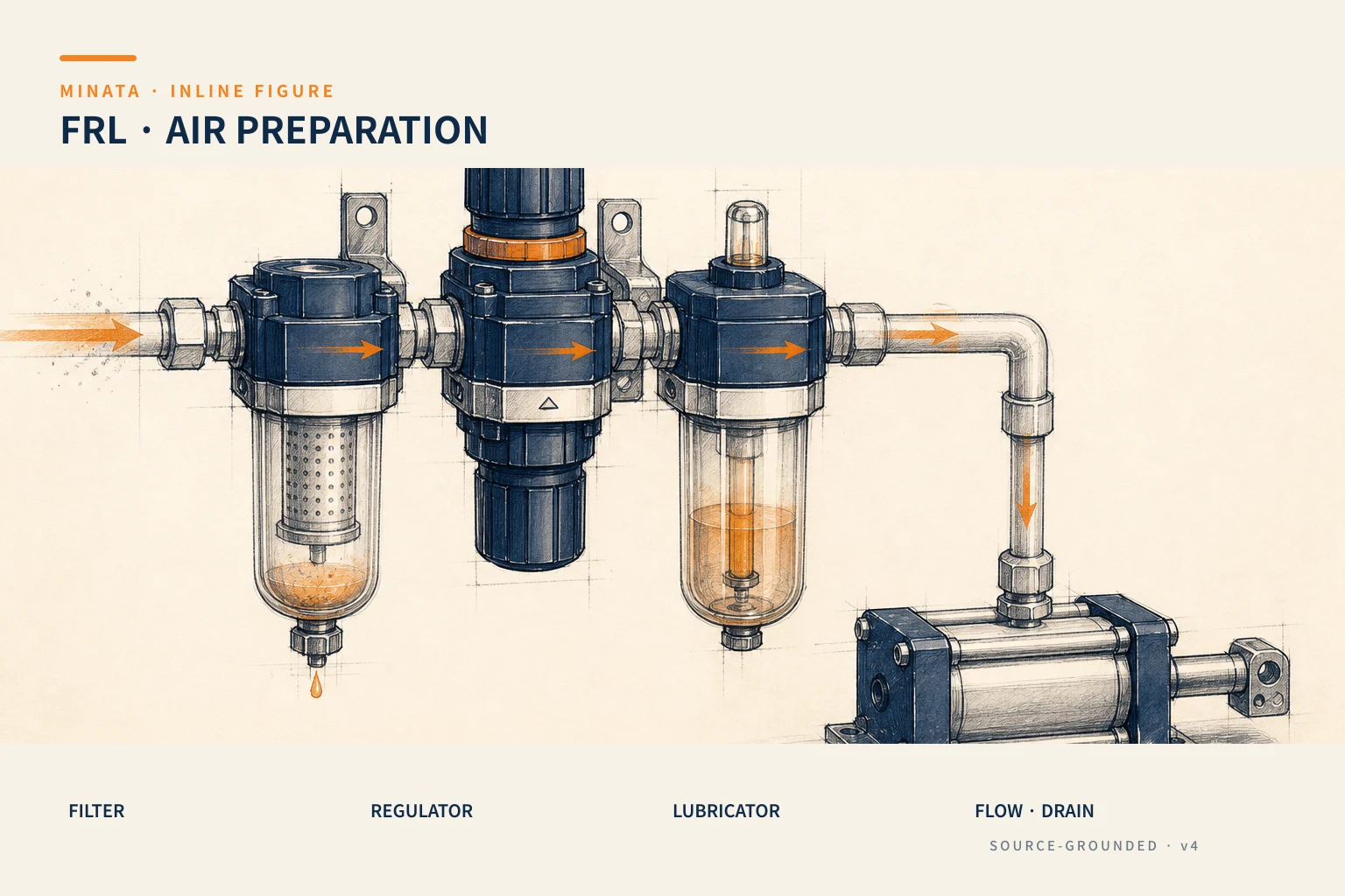 Diagram for choosing an FRL unit by air source, flow, filtering, regulating and condensate draining