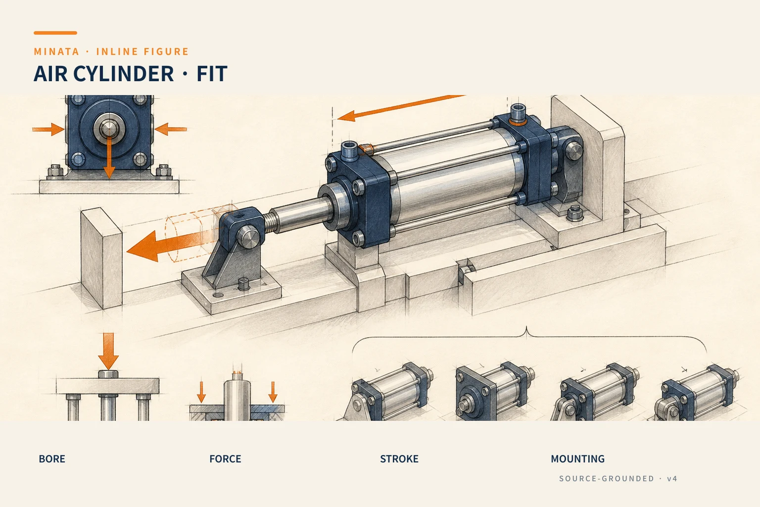 Diagram for choosing an air cylinder by force, guide load, stroke and mounting