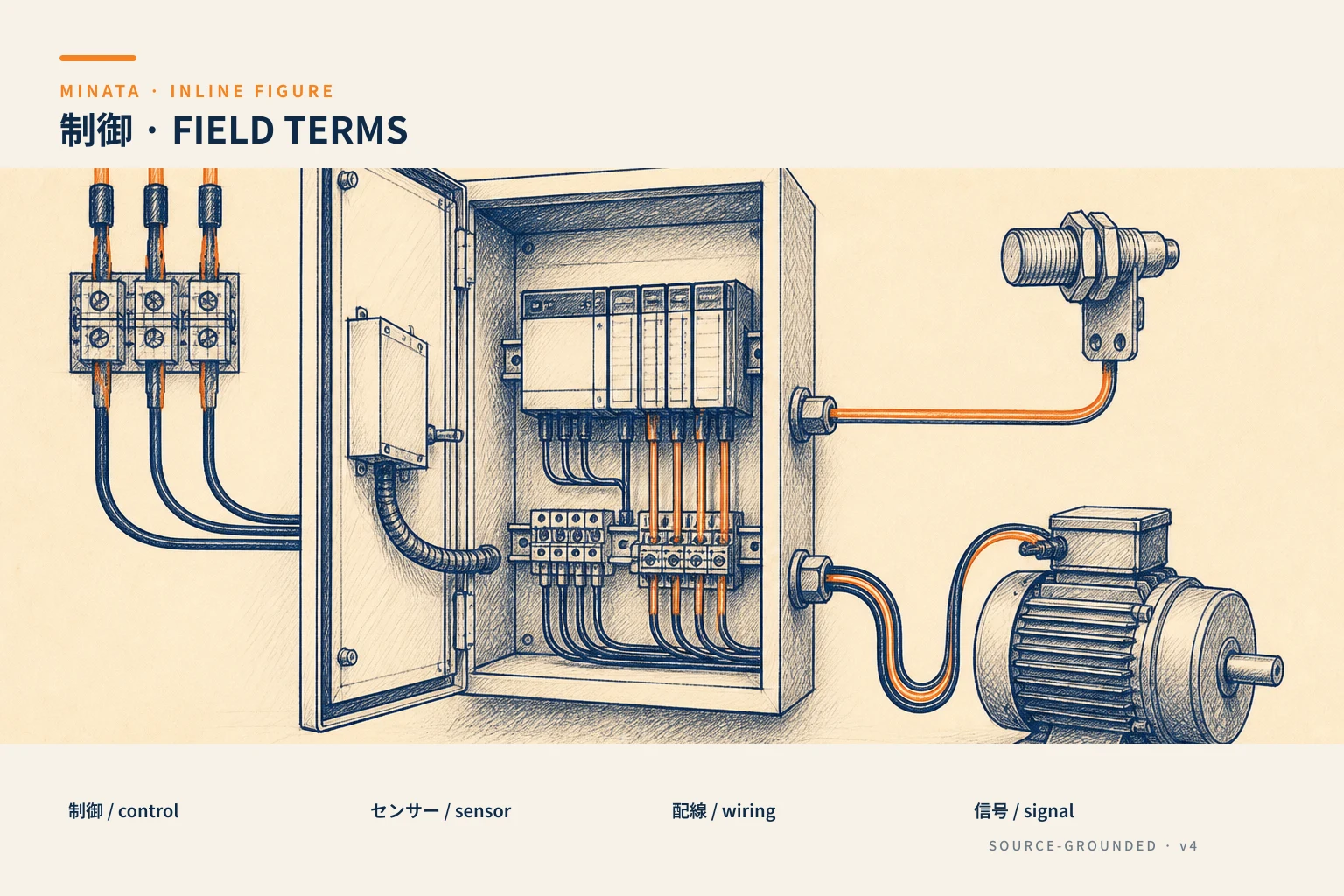 Sơ đồ khối 電源 → 制御盤/PLC → センサー/モーター với nhãn I/O
