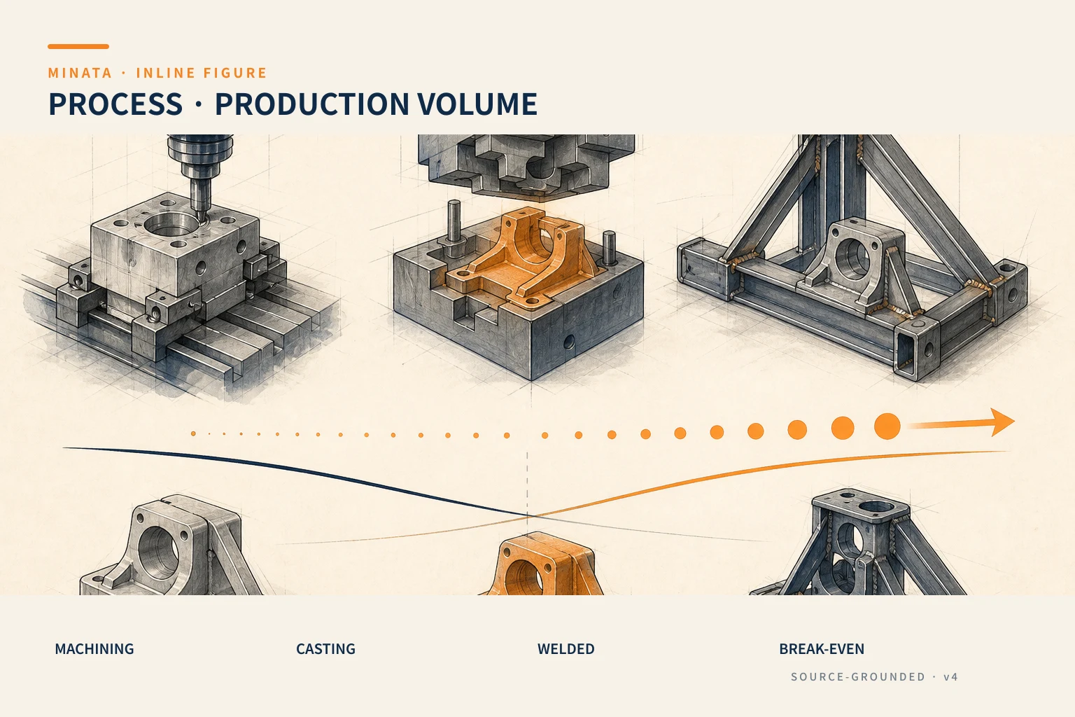 Diagram of the cost break-even by volume for the three methods