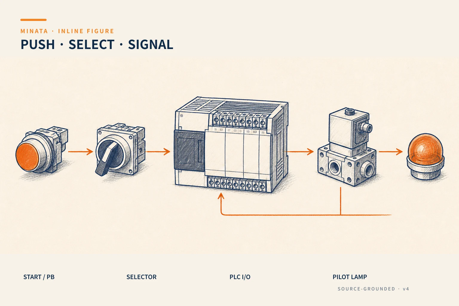 Signal flow from pushbutton through the PLC latching circuit to the output, actuator and feedback back to the pilot light