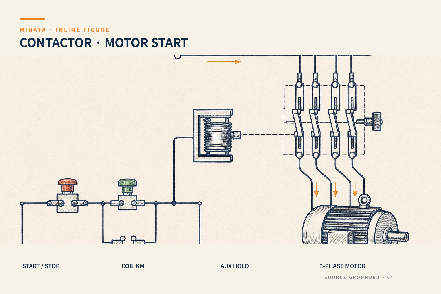 Motor start circuit: the control circuit with Start/Stop and a self-holding auxiliary contact closing coil KM; the power circuit with three main contacts feeding three phases to the motor