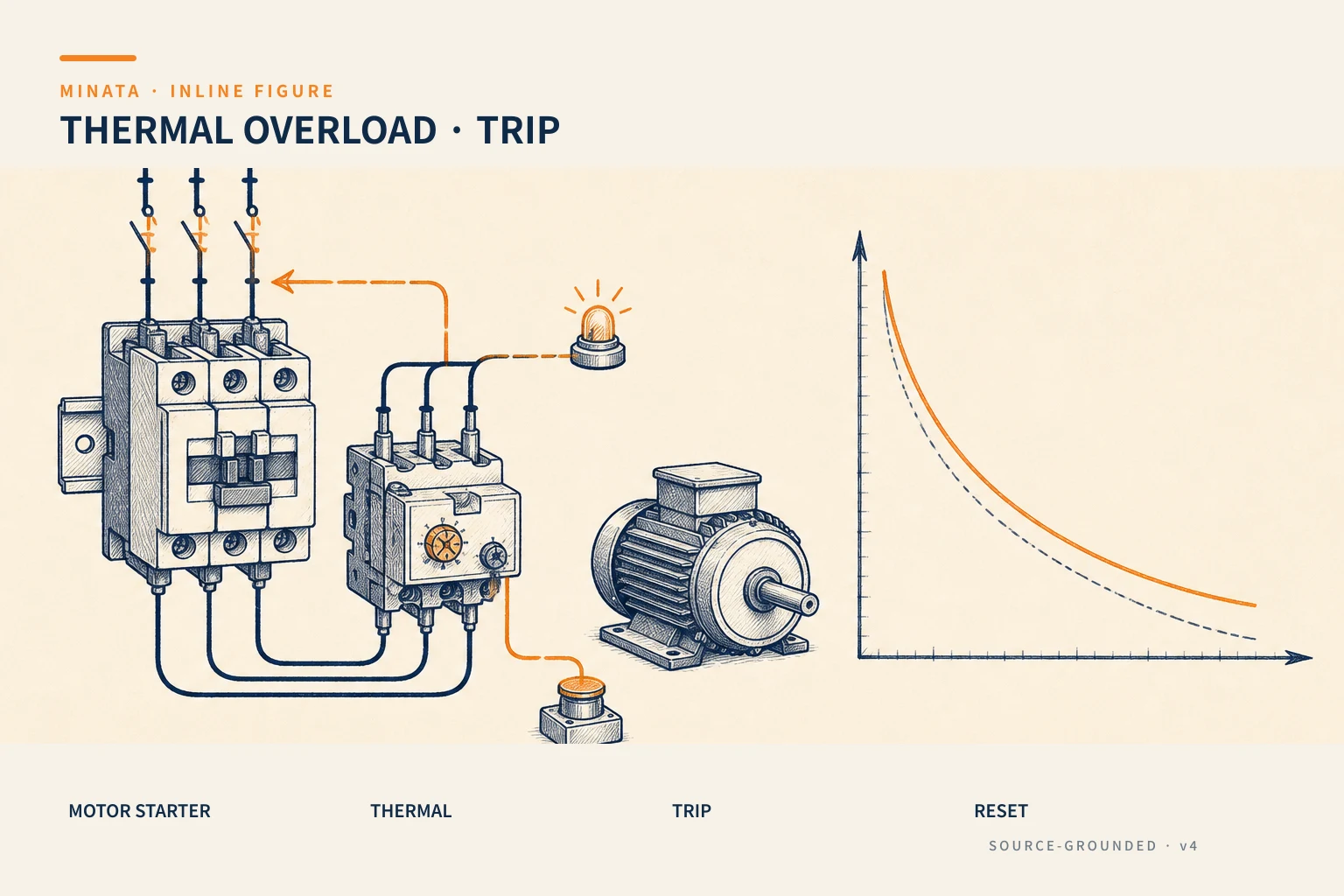 The thermal relay's place in the motor starter and its inverse-time trip curve: the higher the current, the shorter the trip time