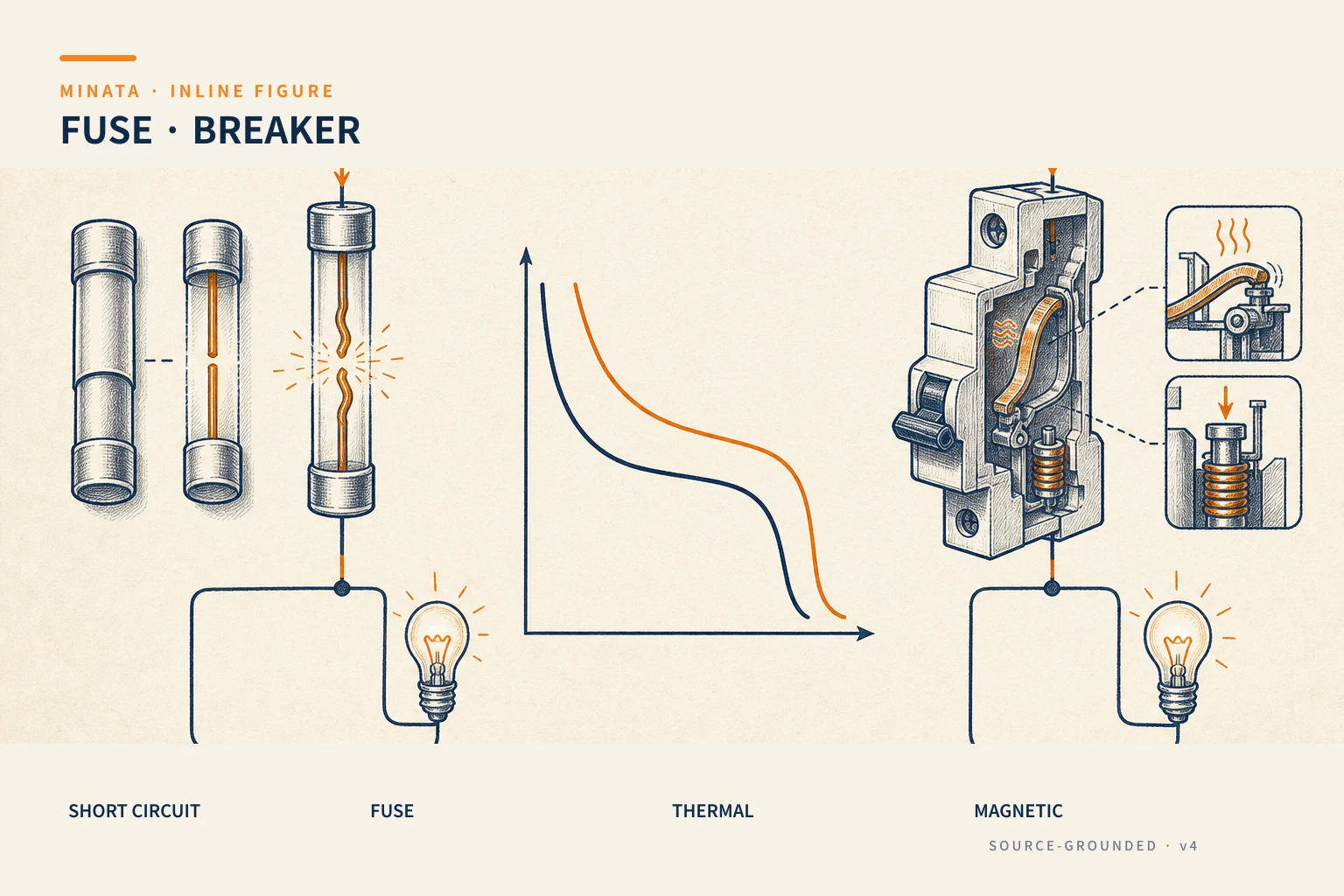 A comparison of fuse and circuit breaker, the concept of breaking capacity Icu/Icn, and a breaker's two-zone thermal–magnetic trip characteristic