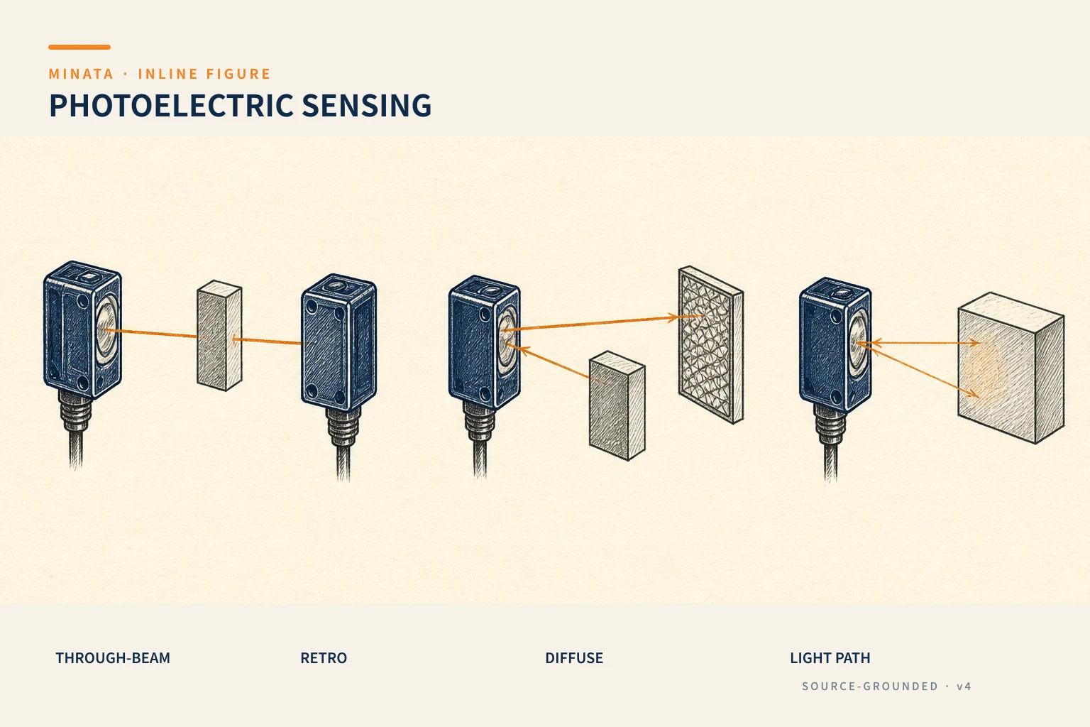 The three photoelectric sensor types — through-beam, retroreflective and diffuse — with a comparison of reliability and mounting