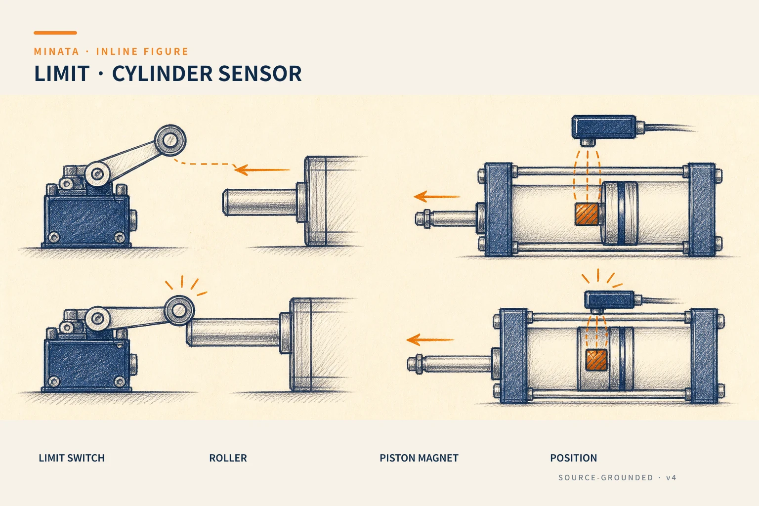 A limit switch actuated by a lever/roller, and a magnetic sensor on a pneumatic cylinder picking up the piston's magnet