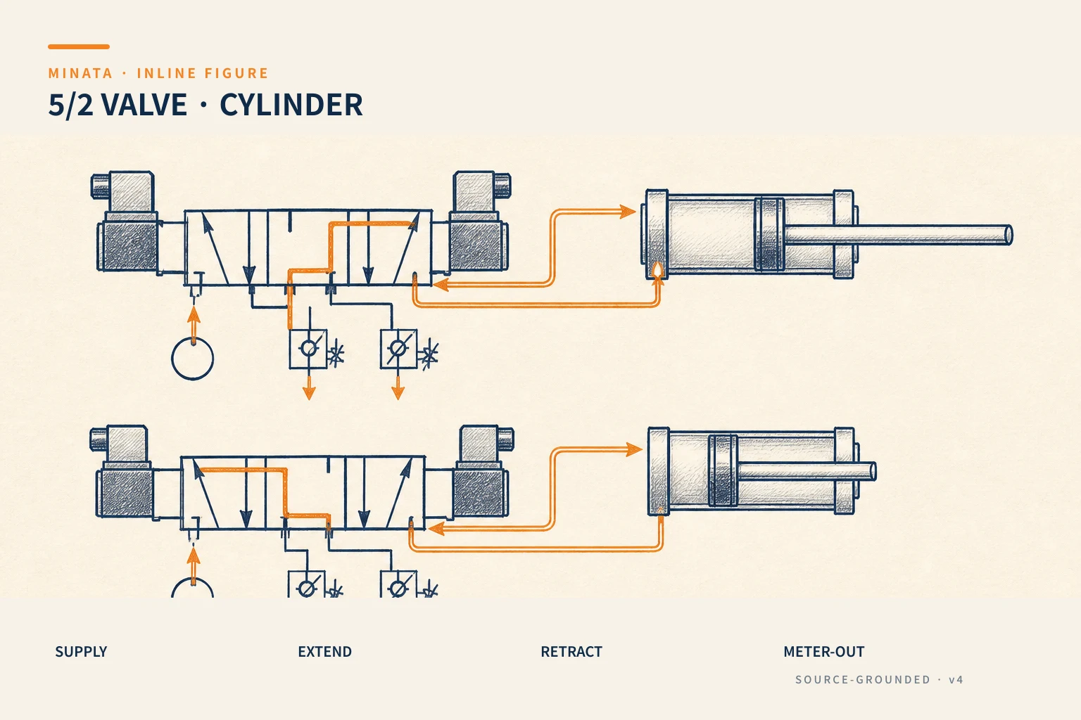 A 5/2 solenoid valve controlling a double-acting cylinder, with throttle-check valves on the exhaust to set the speed