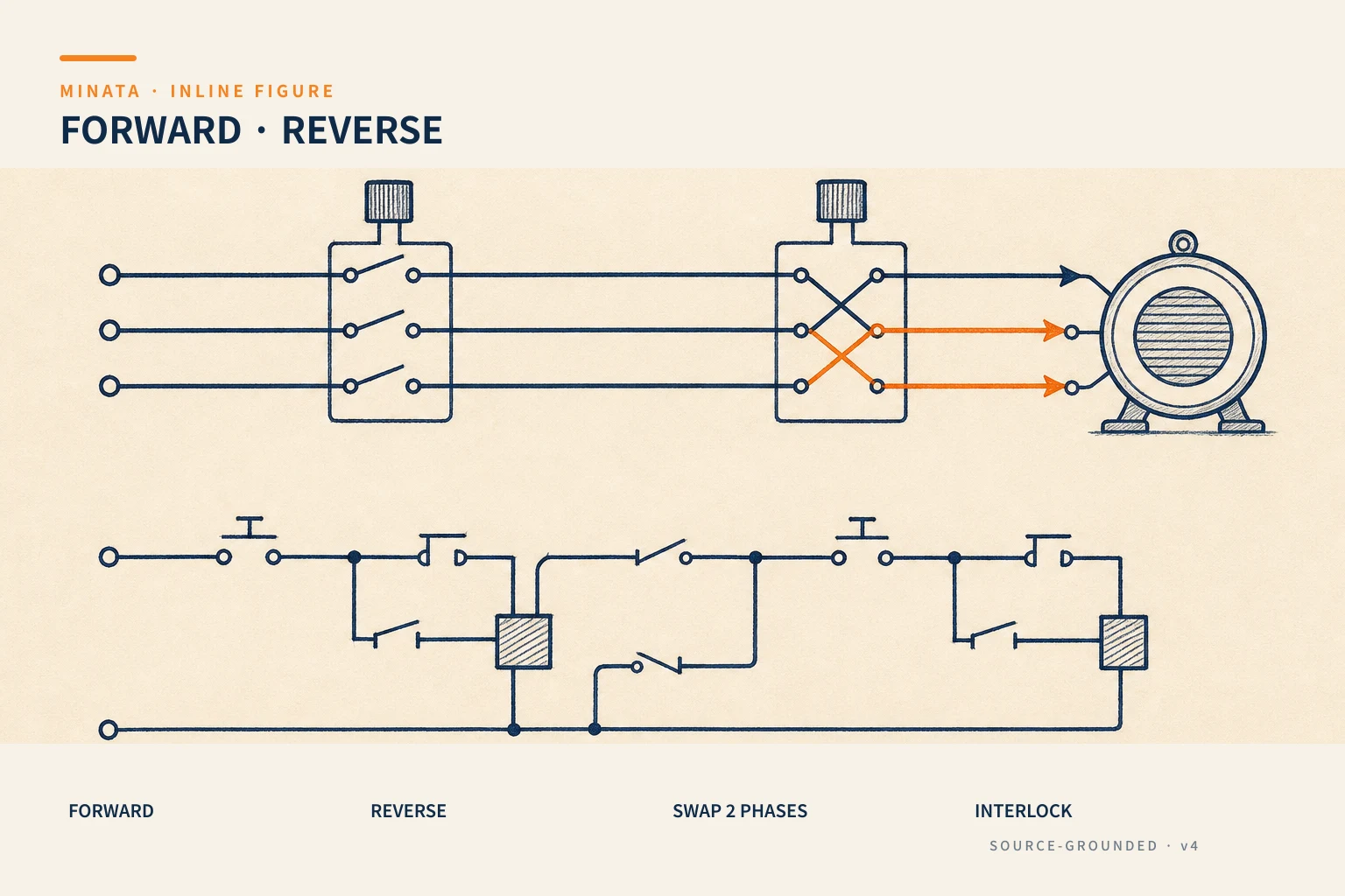 The reversing power circuit: KM-F connects the phases straight (forward), KM-R swaps two phases (reverse), both feeding one motor, with the interlock principle