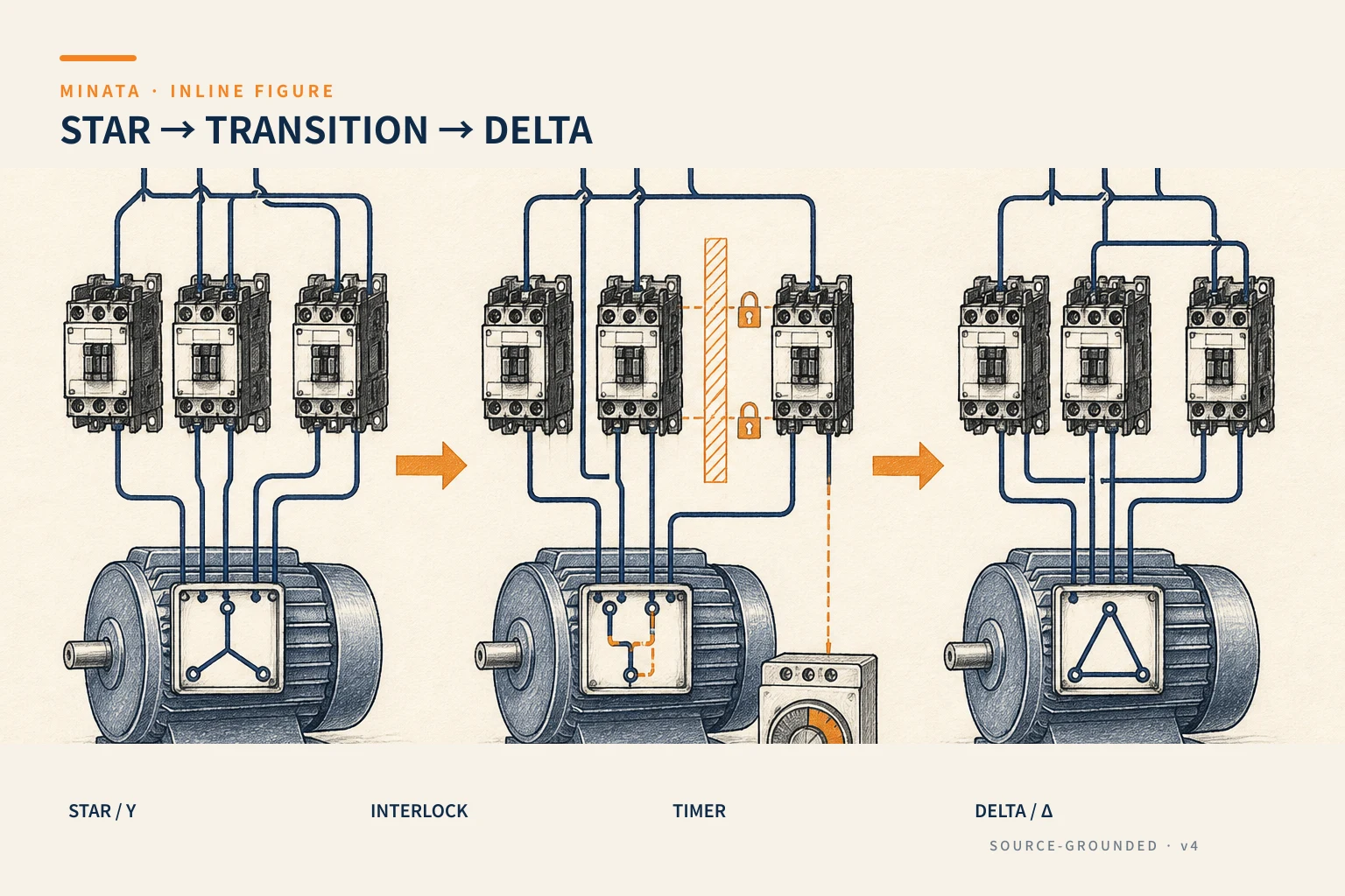 Star-delta starting: the star stage (reduced current), the timed transition sequence, then delta at full load, with the interlock requirement