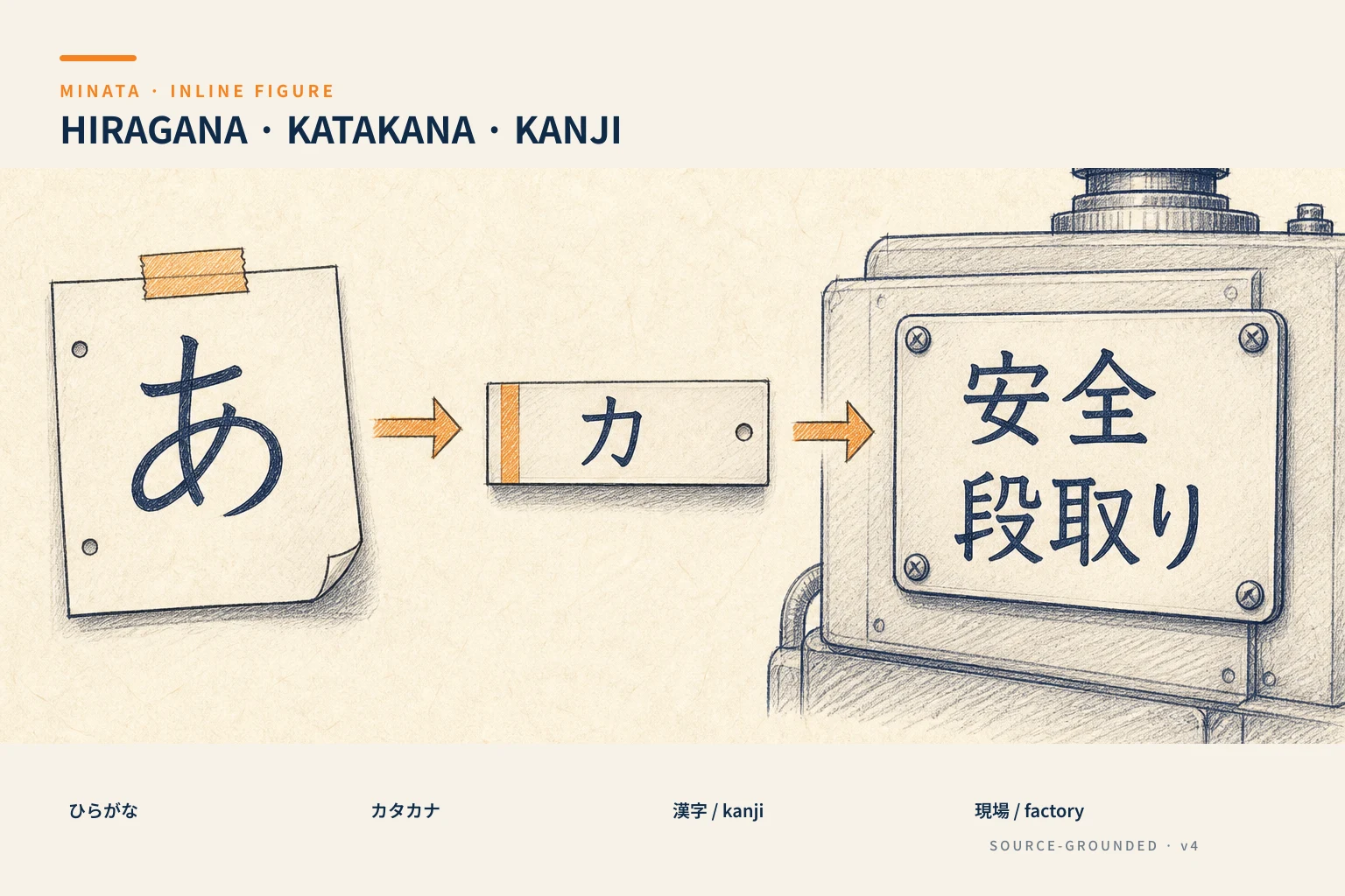 Sơ đồ vai trò của Hiragana, Katakana và Kanji trong nhà máy Nhật