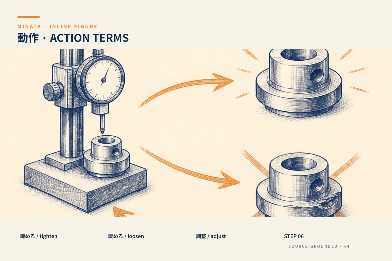 Illustration of shop-floor action verbs: tighten, loosen, adjust, check, and replace