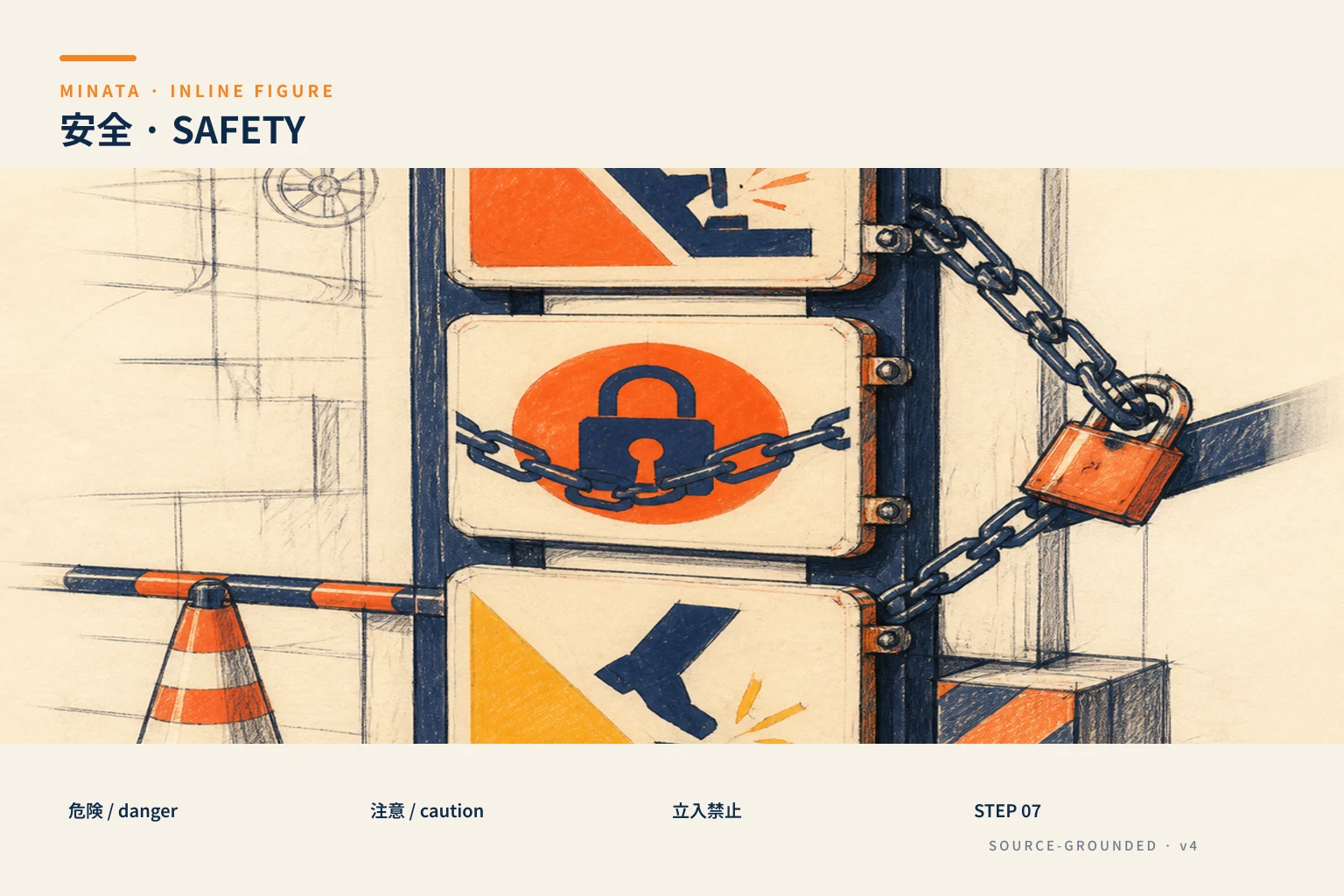 Illustration of Japanese factory safety signs for danger, warning, and caution, with their color hierarchy.