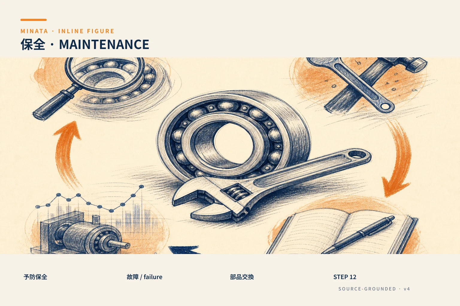 Sơ đồ ba loại bảo trì 予防保全/事後保全/予知保全 và vòng lặp 点検→整備→記録